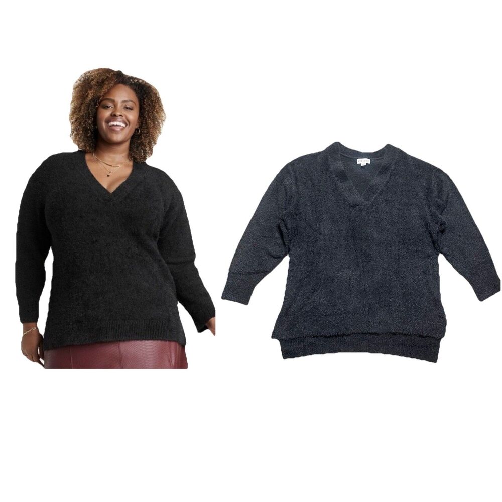 Ava & Viv Knit Sweater Women's 2X Black Fluffy V Neck Tunic Pullover Top